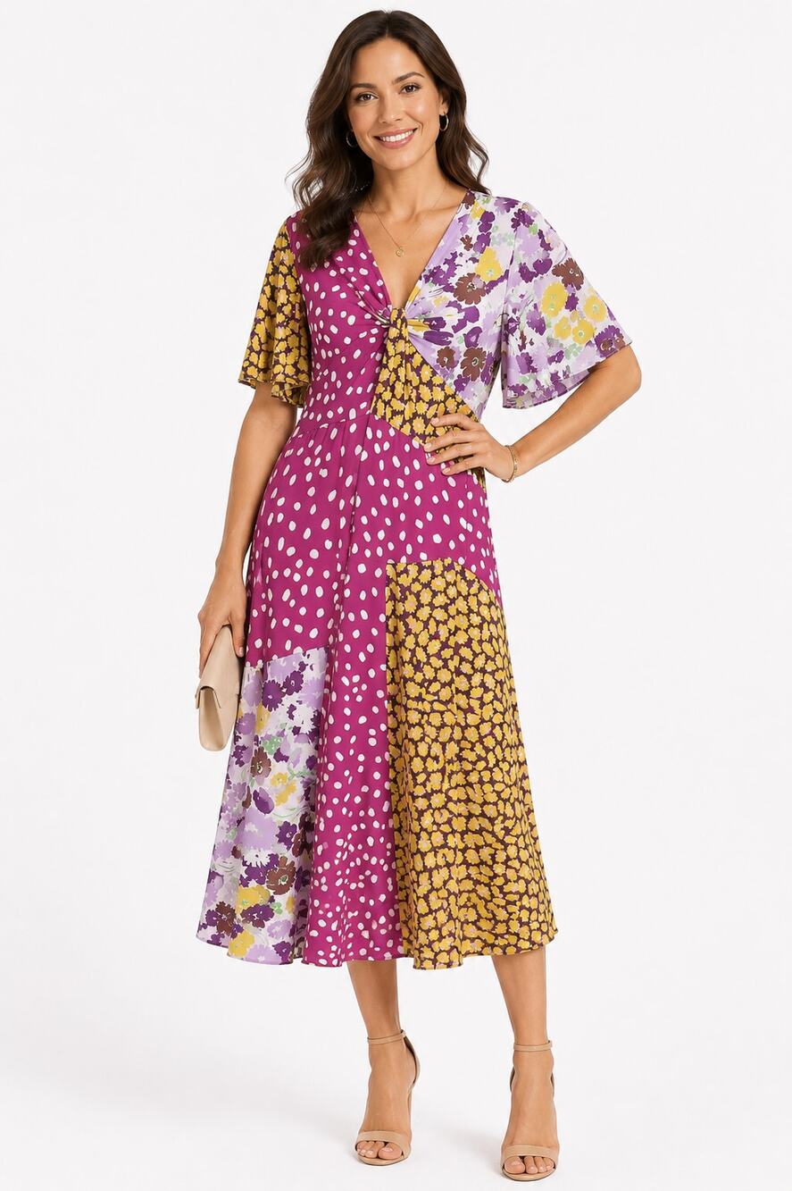 kate spade Patchwork Midi Dress in Magenta, Yellow & Lavender Floral